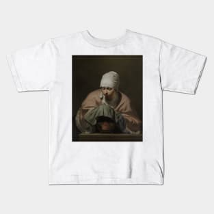 Young Woman Warming her Hands over a Brazier by Caesar van Everdingen Kids T-Shirt